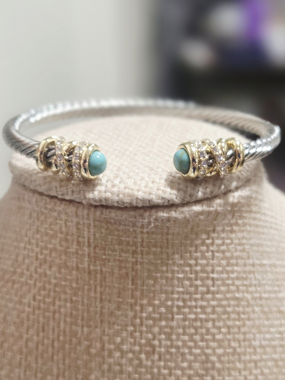 Gold-Tone Silver Cable Cuff Bracelet with Turquoise Accents